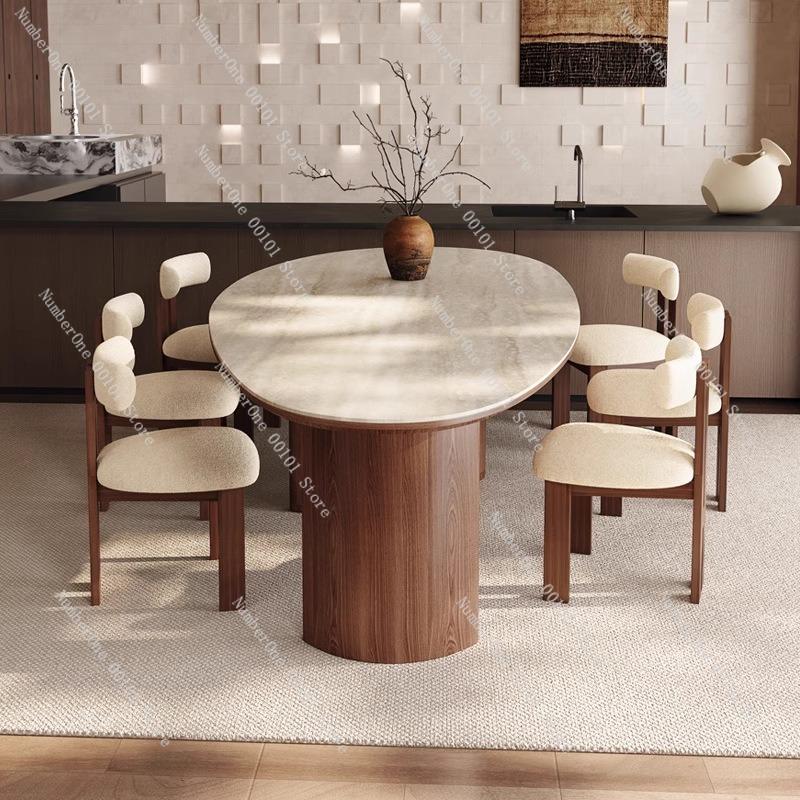 Elegant French Chinese-Style Dining Table, Off-White Travertine with Black Walnut Chairs, Designer Dining Set for Home or Office