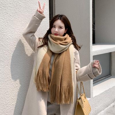 Double Color Block Tassel Scarf Stylish Versatile Label Decor Long Shawl Autumn Winter Coldproof Warm Neck Scarf