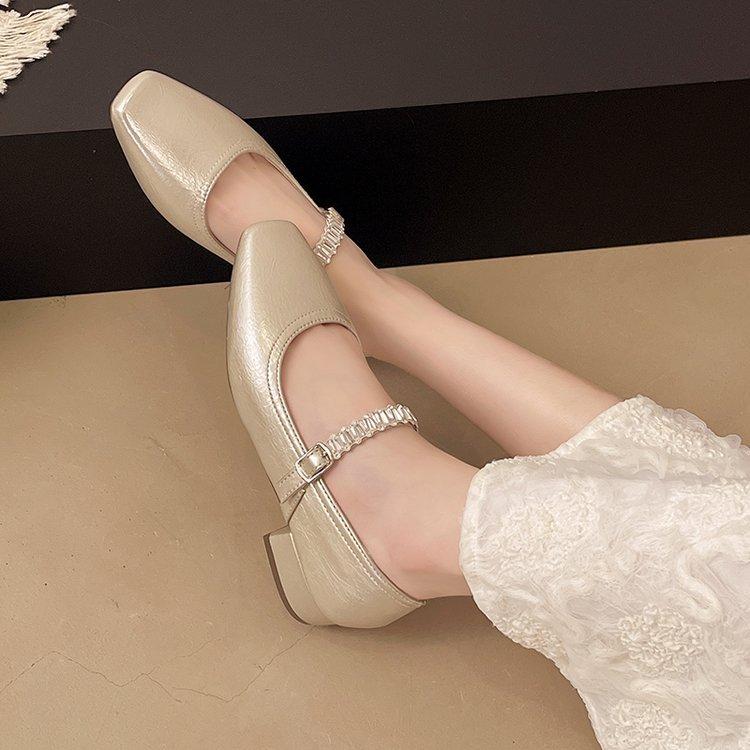 Not tired feet single shoes 2025 new square head shallow mouth rhinestone one-word diamond belt silver low heel flat Mary Jane shoes
