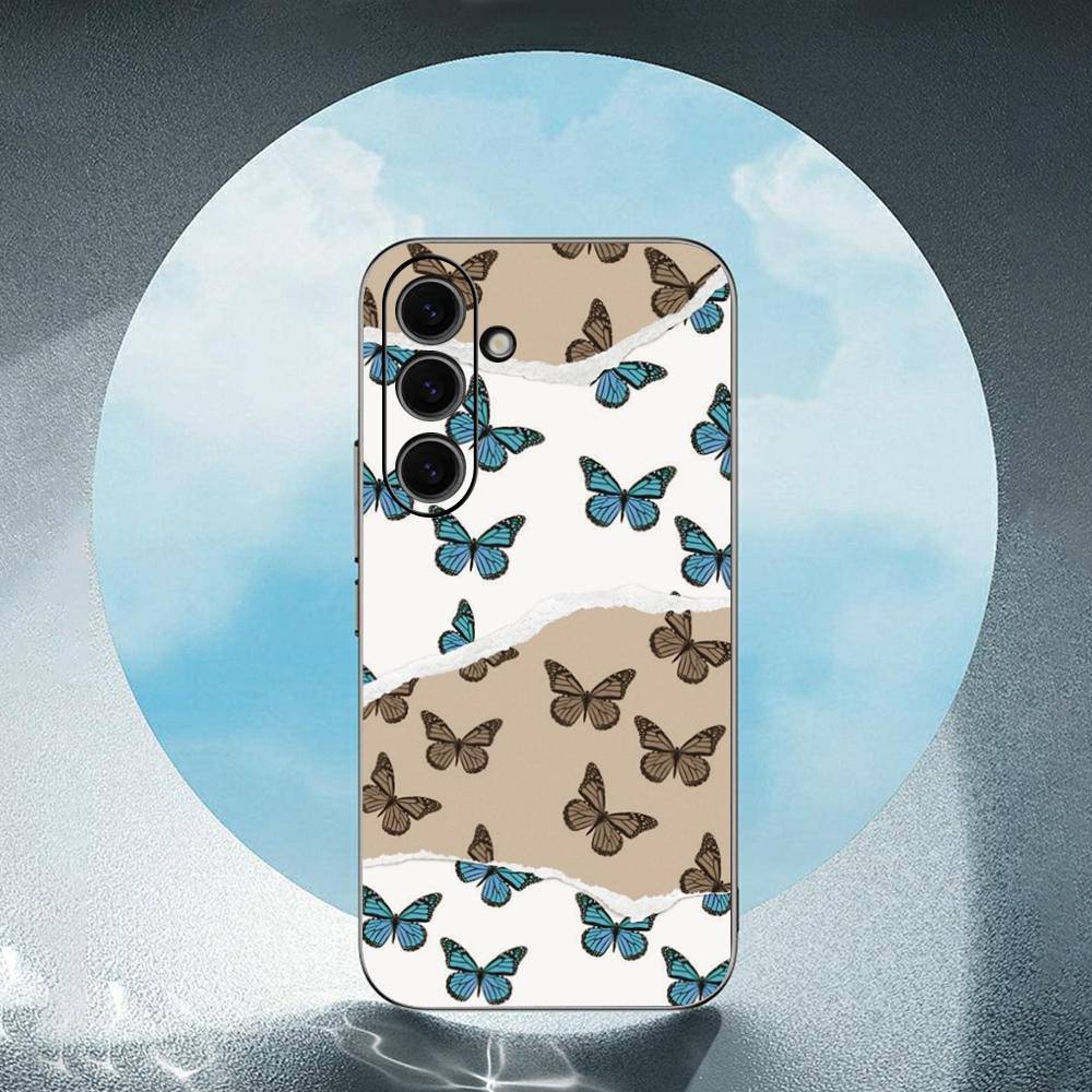 Beauty Blue Butterfly For Samsung Galaxy S25 S24 S23 Ultra S22 S21 Plus S20 Black Soft Silicone Protective Case