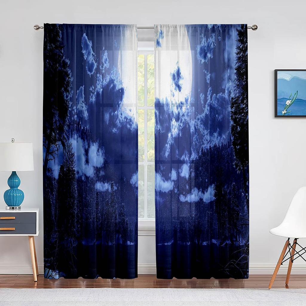 Night Sky Full Moon and Foggy Clouds with Sea Ocean Tulle Curtains for Living Room Bedroom Sheer Voile Kitchen Window Curtain