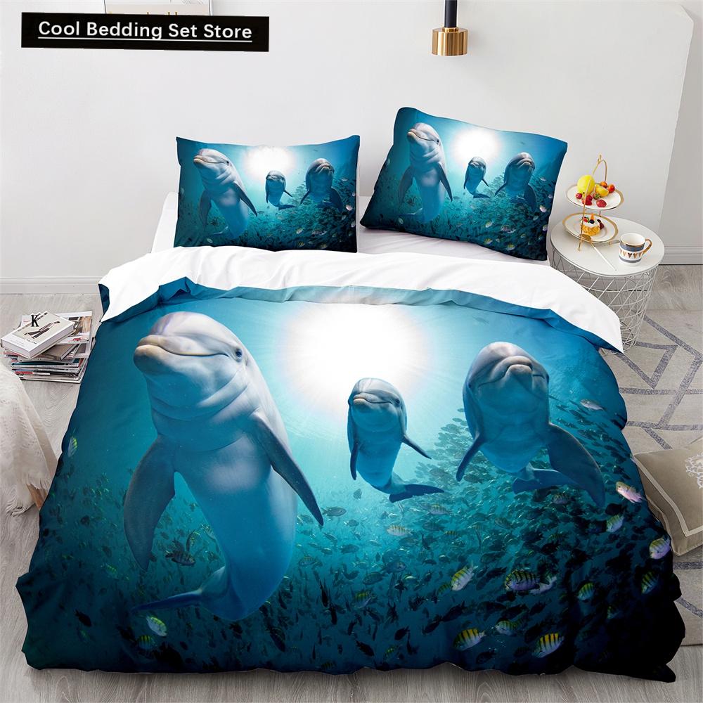 Delfin Bettbezug King Queen Größe Liebliches Meeresleben Bettwäscheset für Kinder Jungen Mädchen Niedliches Ozeantier 2/3-teilig Polyester Steppdeckenbezug