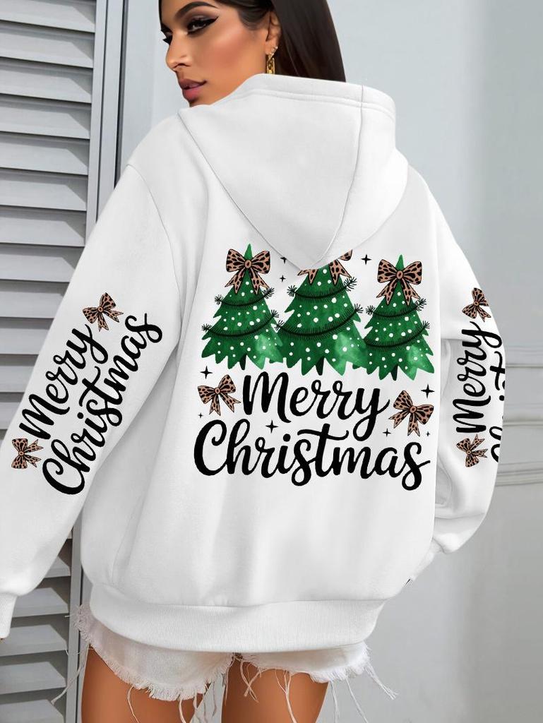 Merry Christmas Tree Bow Women's Hooded Pocket Sweatshirt - Casual Autumn Winter Pullover