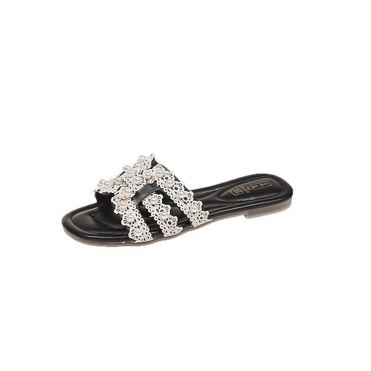 Internet celebrity small fragrant wind pearl slippers women's summer new wear flat beach one word sandals fashion with skirt