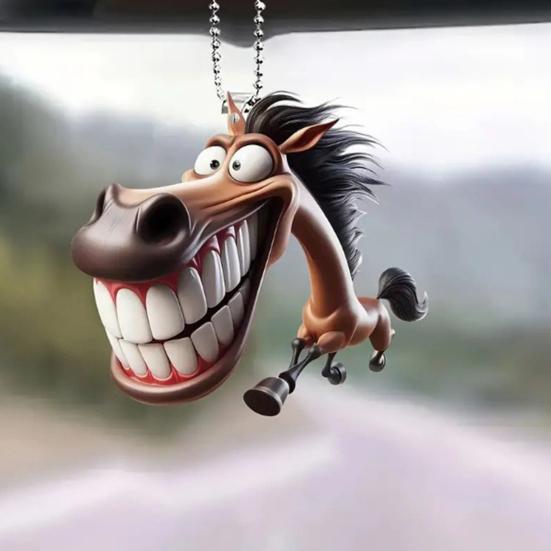 Funny 2D Horse Car Pendant Cartoon Prank Flat Decoration Acrylic Vehicle Interior Decor Ornament Auto Accessory