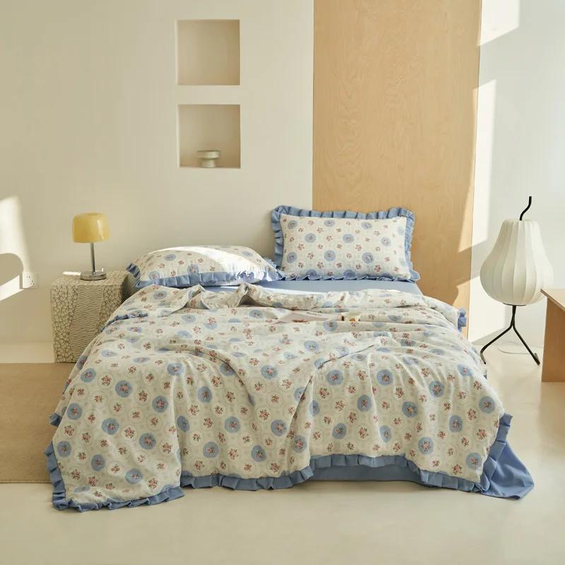 Botanical Flowers Pattern Ruffled Quilt Summer Cool Air Conditioning Quilt Skin-friendly Soft Thin Blanket for Kids Boys Girls