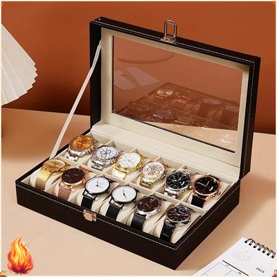 12-Slot Luxury Watch Box With Synthetic Leather Watch Storage Case Removable Pillow Watch Organizer For Men Jewelry Collection