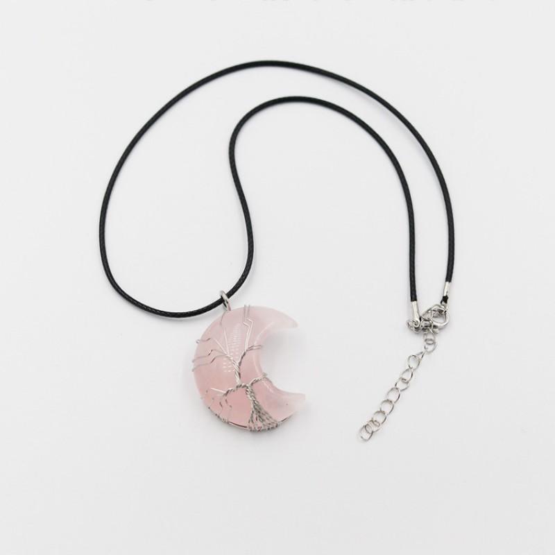 Handcrafted Geometric Moon Pendant Necklace With Natural Stone Wire-Wrapped Tree Design Women