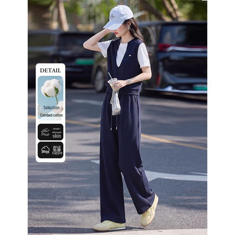 Elegant Faux Two-Piece Shirt & Wide-Leg Pants Set XL темно-синий
