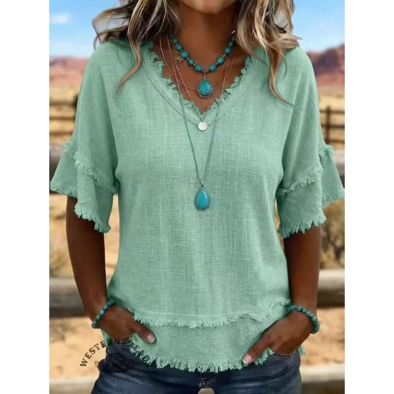 TIFICY Women's Fashion Casual Summer Spring Solid Color Print Short Sleeve V-Neck Blouses & Shirts