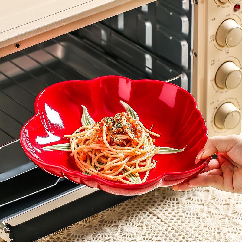 Tomato Ceramic Tableware: Tomato-Shaped Dinner Plates, Heart-Shaped Dessert Bowls, Festive Fruit Plate, Red Storage Jar.
