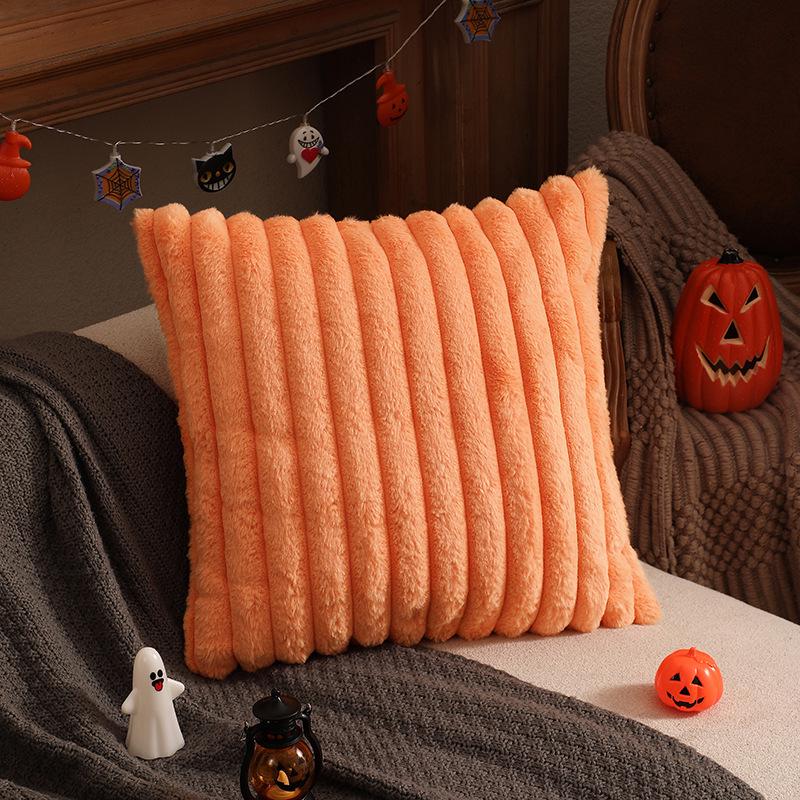 Autumn & Winter Plush Stripe Lumbar Pillow - Christmas Orange & Halloween Rabbit Fur Texture Throw Cushion
