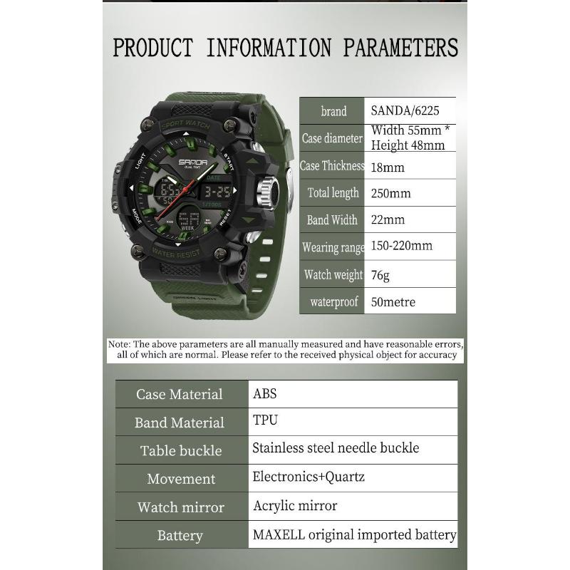SANDA Fashion Sports Casual Electronic Man Watch Dual Digital Display Luminous Waterproof Multi-functional Watches for Men