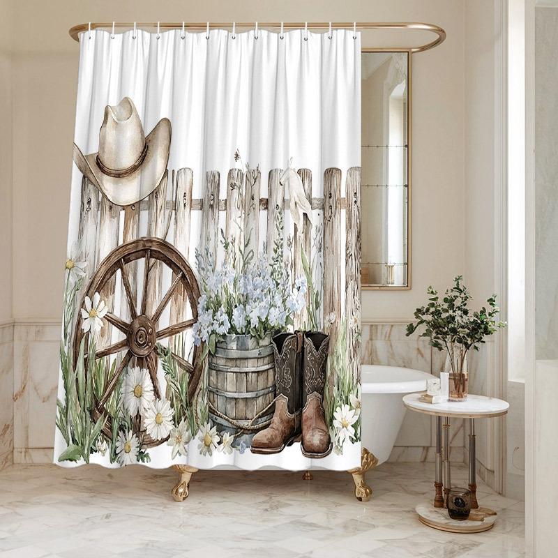 1pc Rustic Western Shower Curtain, Wooden Wagon Wheel & Cowboy Design, Wildflowers Daisies, Durable Bathroom Decor
