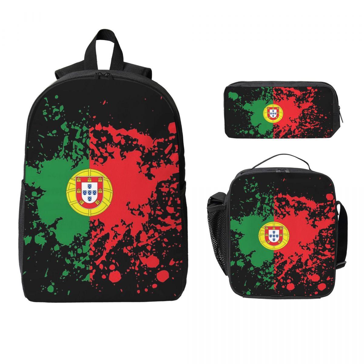 Mochila Bandeira de Portugal Meninos Meninas Bolsa de Livros Bolsa Escolar Bolsas de Ombro para Laptop 3 Peças Bolsa Térmica para Almoço Estojo One Size red