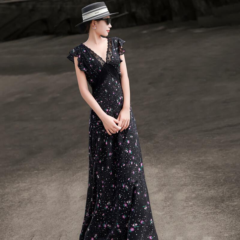 Lanseer French Elegant Lace V-Neck Floral Midi Dress