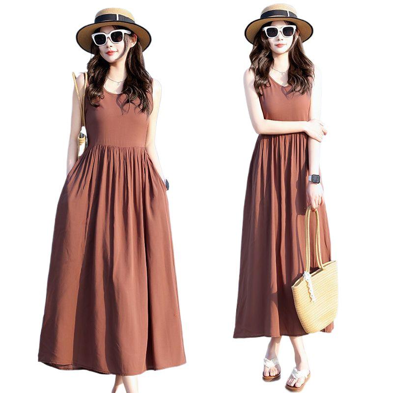 Women's Summer French Cotton Silk Sleeveless Beach Maxi Dress