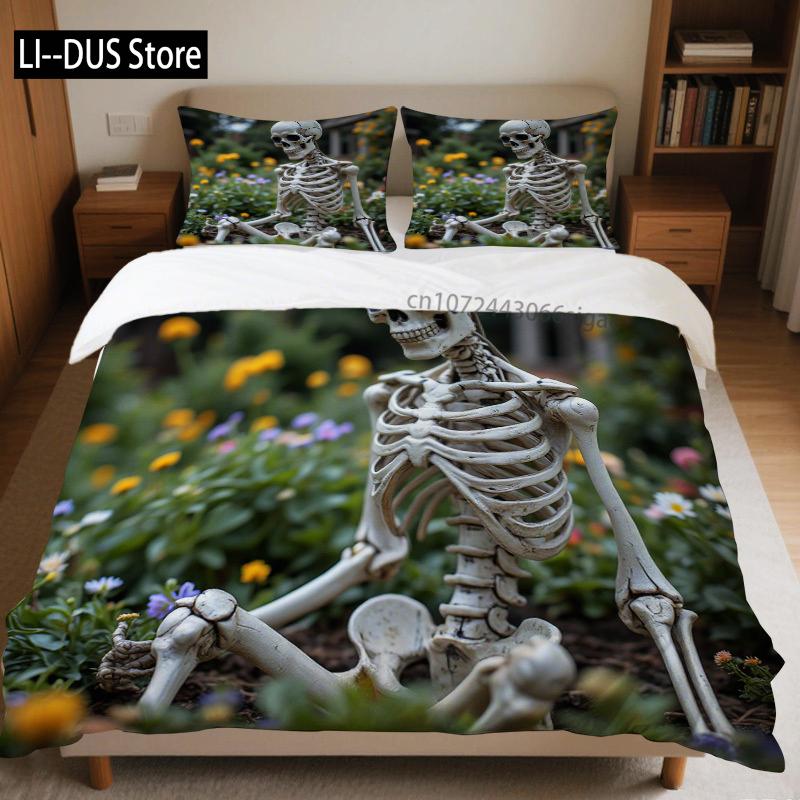 3pcs Halloween Skeleton Fashionable Bedding Set Including Perfect For Home Or Hotel Use Ensuring A Peaceful Sleep Every Night EU single(135x200cm)