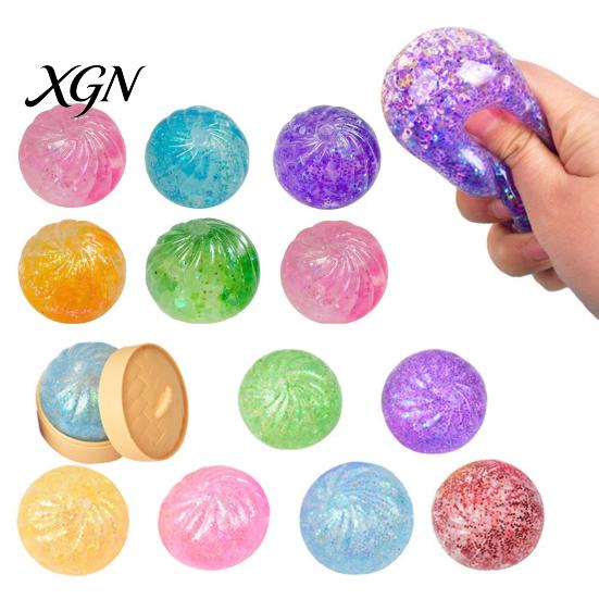 Dumpling Stress Ball 12Pcs Relief Squeeze Toy with Steamer Clear Glitter Steamed Bun Adult Reducer Sensory Soft Stretchy Fidget Party Favors Reliever