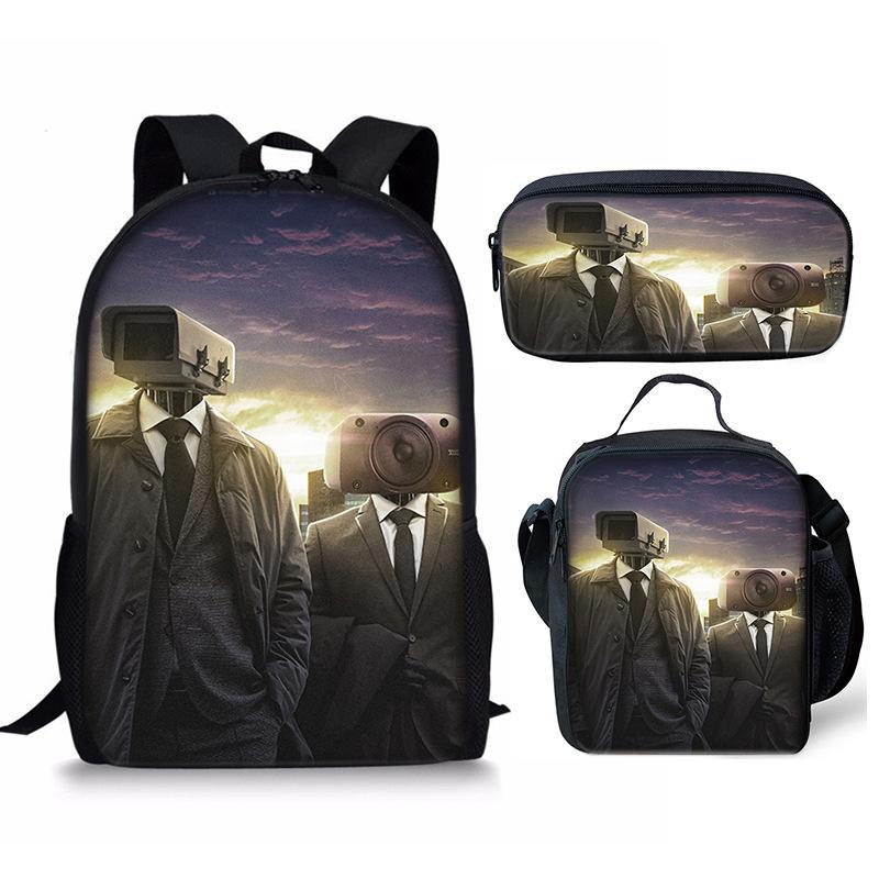 Hip Hop Populair skibidi Toilet Man 3D Print 3 stuks/Set leerling Schooltassen Laptop Dagrugzak Rugzak Crossbody Lunchtas Etui