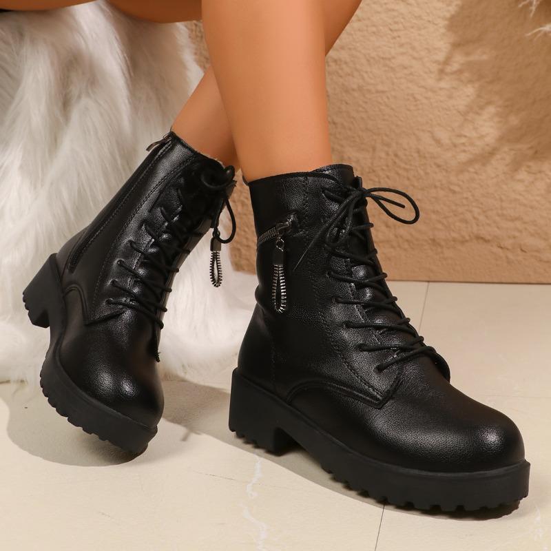 Platform Block Heel Cotton Boots Winter New Round Toe Front Lace-Up Side Zipper Anti-Slip Wear-Resistant Short-Tube Boots
