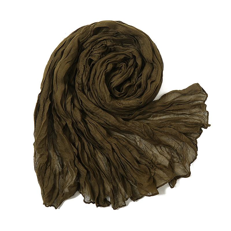 Solid Color Crinkle Cotton Linen Scarf New Warm Silk Pleated Green Retro Thin Long Strip Shawl Men And Women'S