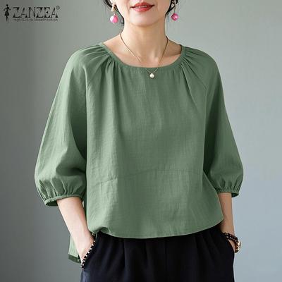 Women Casual Round Neck Solid Color 3/4 Sleeve Loose Plain Blouse