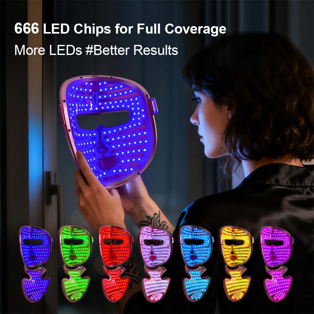 Wireless 7 Color LED Mask With Neck 222LEDs Light Photon Mask Improves Fine Lines Lighten Spots Rechargeable Neck Face Care