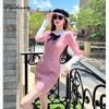 Vestido Mini de Suéter de Otoño Invierno para Mujer Estilo Francés Cuello Peter Pan Rosa Gris Lazo Tejido Ajustado Cálido Tejido Delgado Dulce Vestido Corto