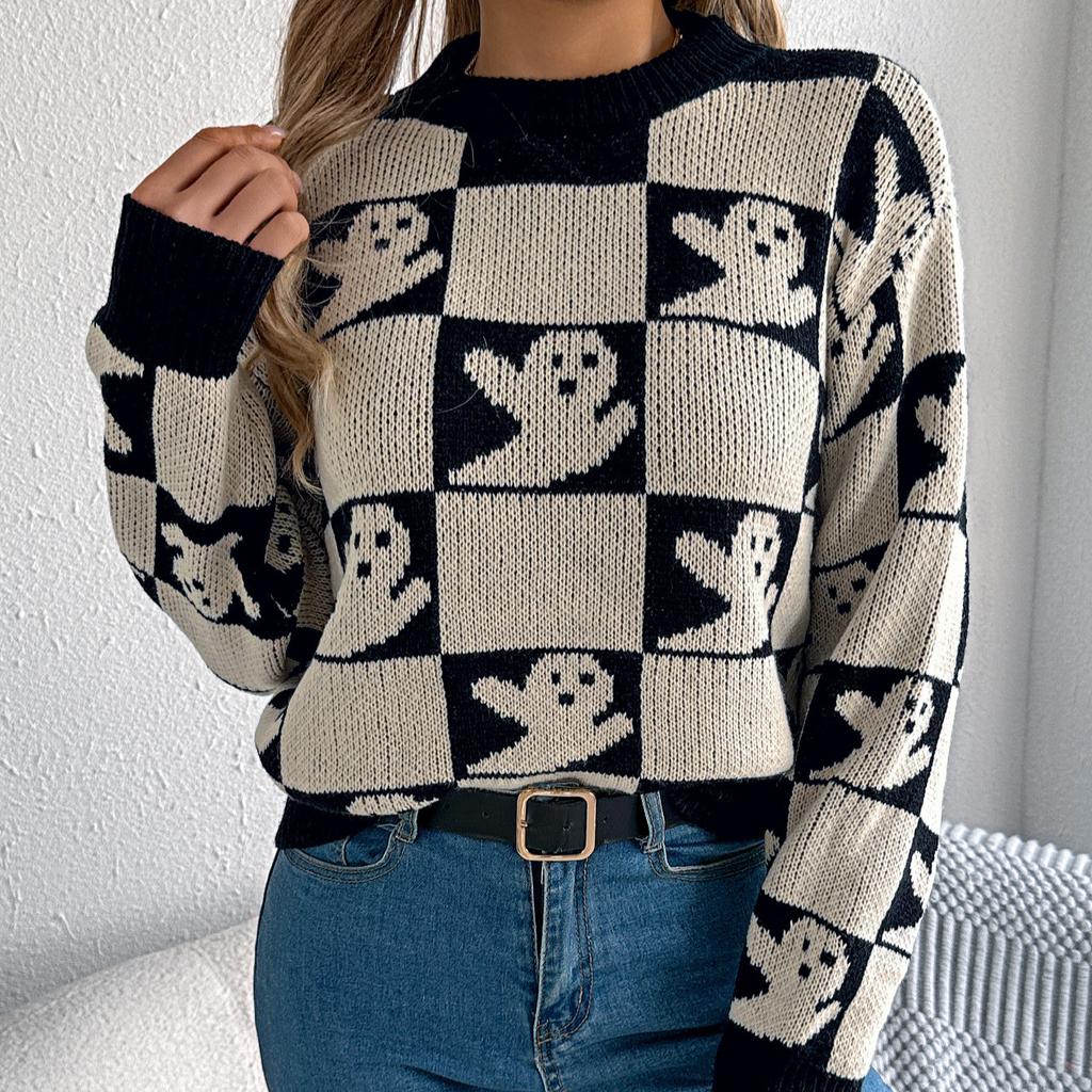 HNXC Autumn Winter Halloween Checkered Lantern Long-sleeved Pullover Sweater Women's Clothing