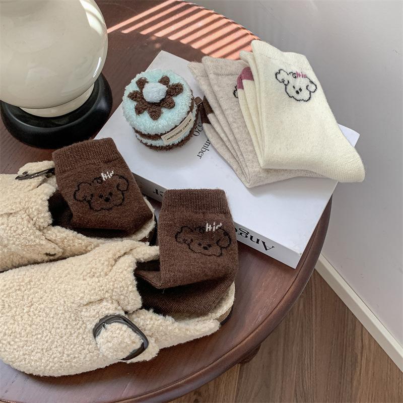 Autumn and Winter Puppy Grey Series Contrasting Color Mid-calf Warm Wool Women's Socks Cartoon Cute School Style Comfortable