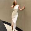 Women European Style One Shoulder Solid Color Slit Sleeveless High Waist Slim Sexy Long Dress