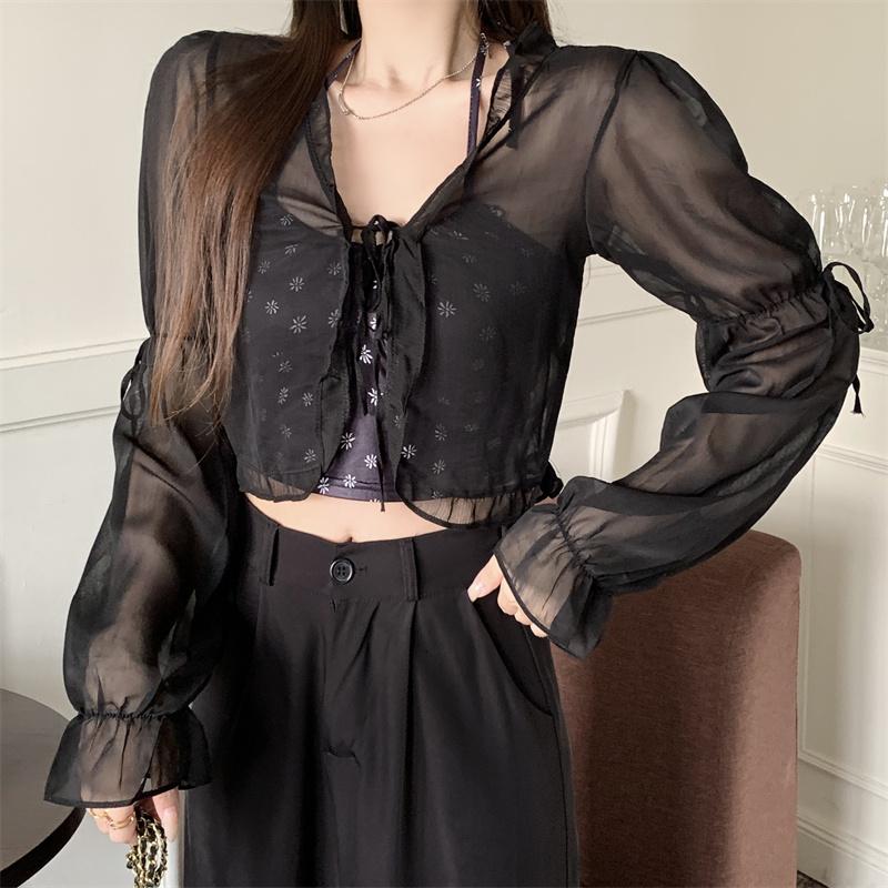 

Летние повседневные шифоновые блузки с расклешенными рукавами, женские модные топы, тонкие солнцезащитные рубашки для женщин, элегантная облегающая однотонная офисная женская белая блузка 26125 One Size чёрный