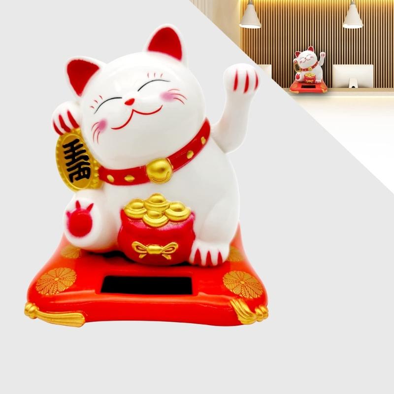 Lucky Fortune Cats Solar Energy Activated Moving Arm Vehicle Desktop Ornament Wealth Symbol Home Decoration