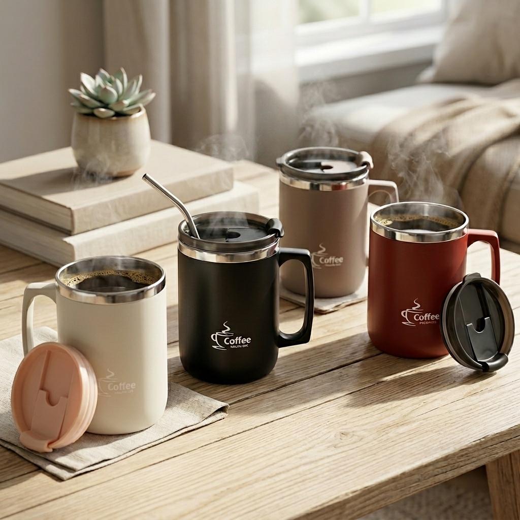 Thermal Coffee Mug Travel Tumbler with Handle Lid 304 Stainless Steel Insulated Water Cup Leakproof Portable Thermos Bottle