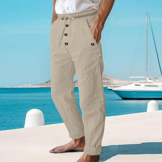 Men's Casual Linen Trousers Elastic Waist Drawstring Baggy Trousers Solid Color Loose Fit Summer Pants with Pockets for Beach Yoga Wear