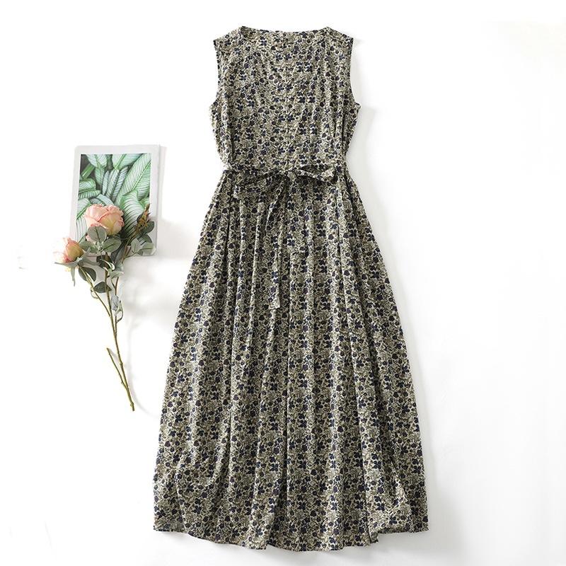 

Платье из хлопка и льна с принтом, на шнуровке на талии, с круглым вырезом, без рукавов, женское летнее новое темпераментное свободное платье-жилет без рукавов 2XL