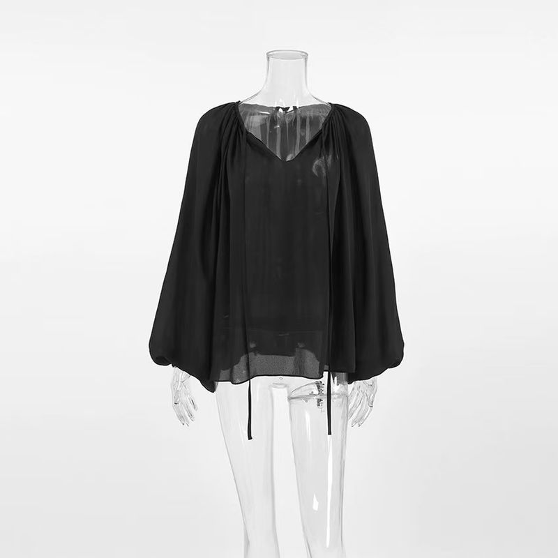 

Fashion Style Sexy See-through Chiffon Loose V-neck Lace-up Shirt Chiffon Loose Lace up Shirt Black S