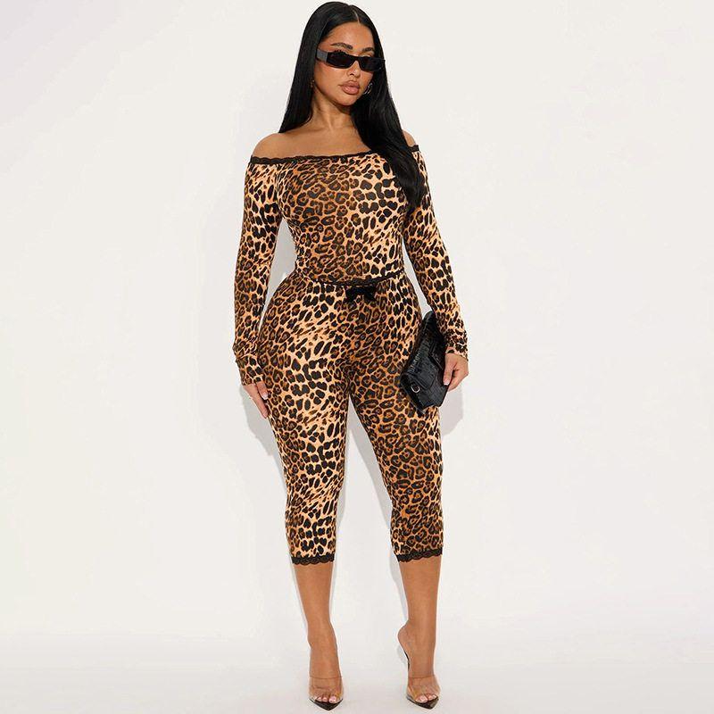 J25St415 New Cross-Border Foreign Trade Leopard Print Off-Shoulder Long-Sleeve Crop Top and Tight-Fitting Cropped Pants Two-Piece Set
