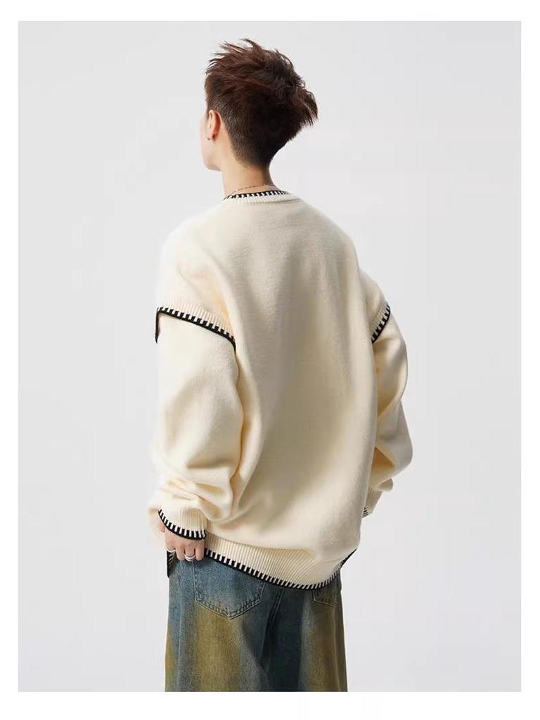 Men's Trendy Hand-Stitched High-End Knit Sweater with Contrasting Colors - Versatile and Stylish Base Layer