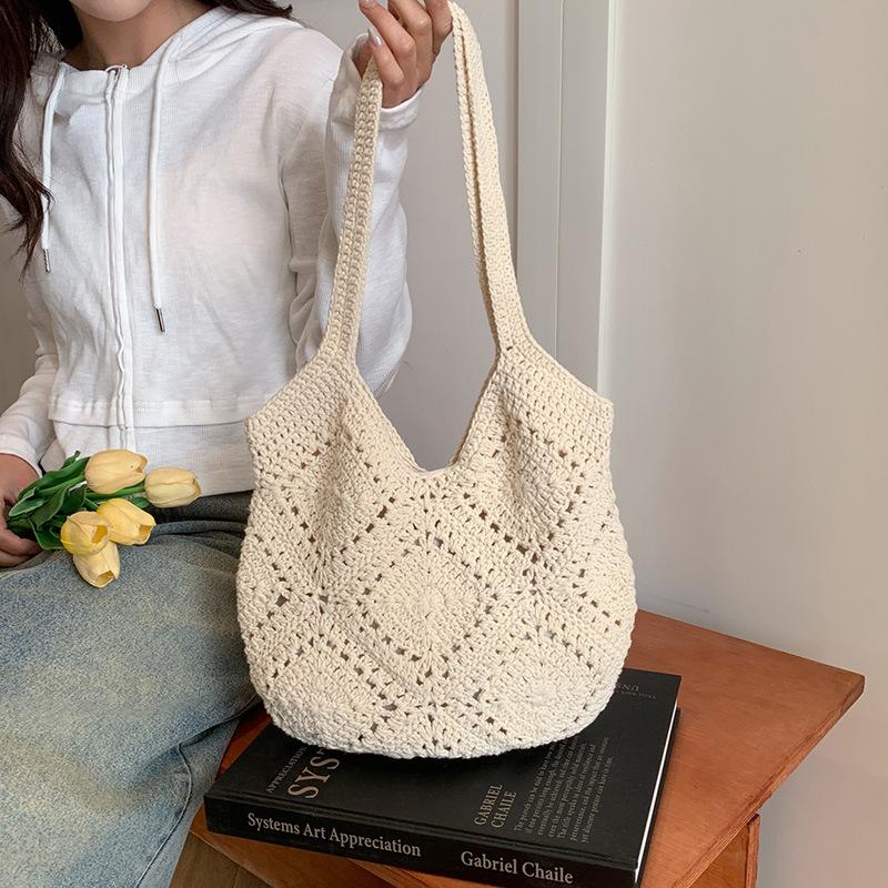 Small Fresh Pastoral Style Cotton Rope Shoulder Bag Woven Soft Bag Travel Versatile Fashion Straw Woven Cotton Rope Underarm Bag