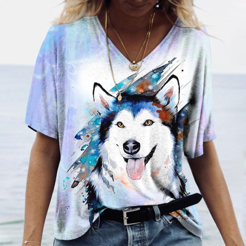 Summer New Women‘s T-shirt Animal Harajuku 3d Print Fashion V-neck Short Sleeve Quality Oversized T-shirt Females Tops Tees