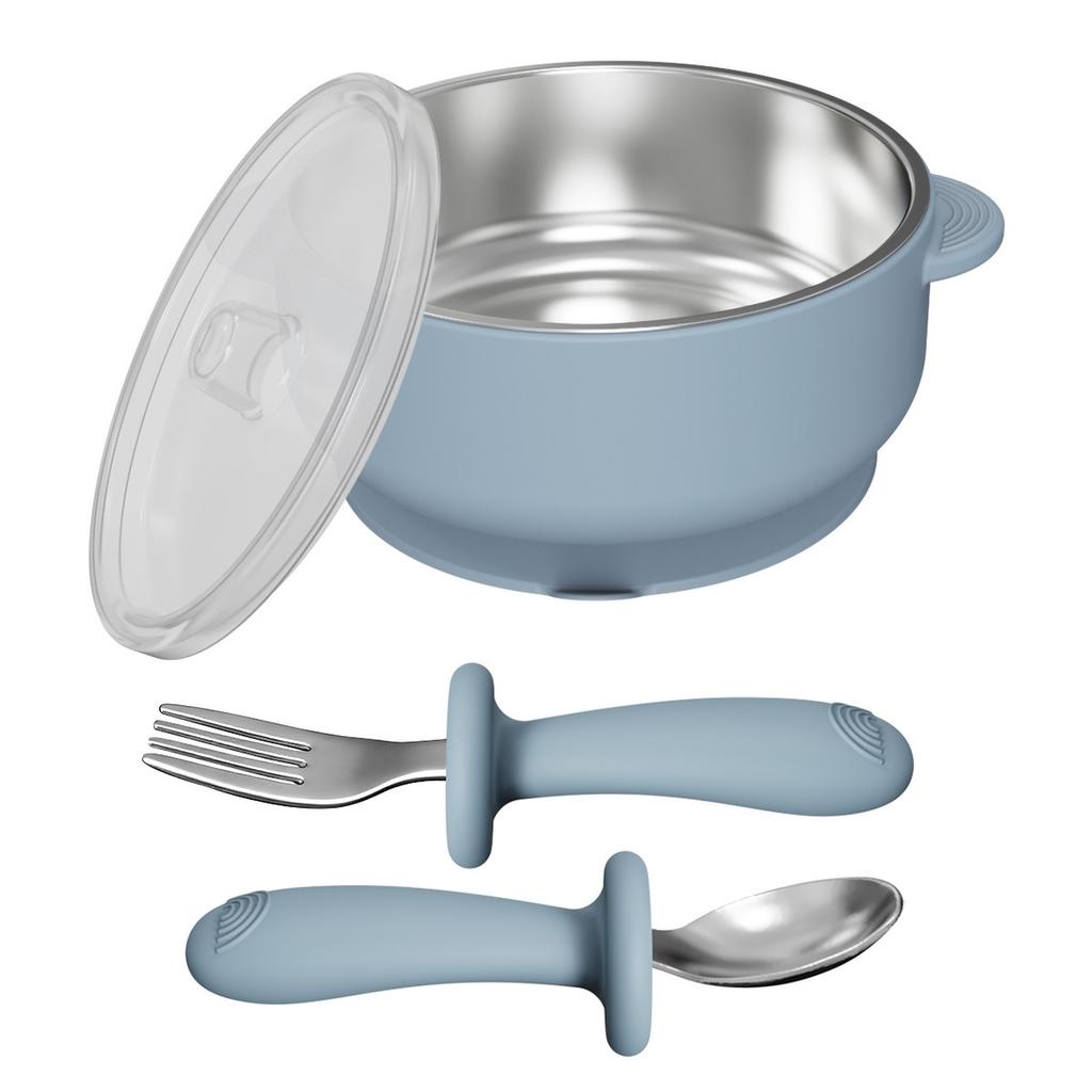Baby Silicone Feeding Bowl with Suction Cup, Stainless Steel Bowl, -Fall Kids Tableware Set with Spoon Fork