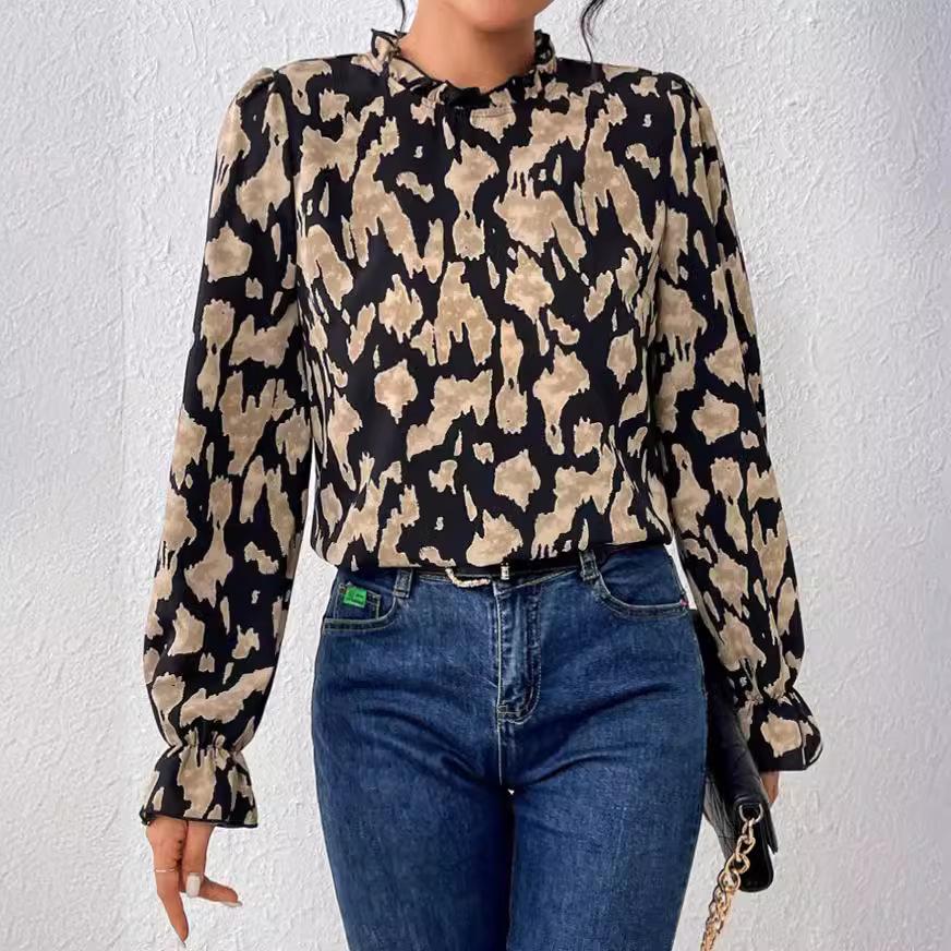 Damska, wiosenna, elegancka, drukowana bluzka z kołnierzykiem i rękawami w kształcie latarni