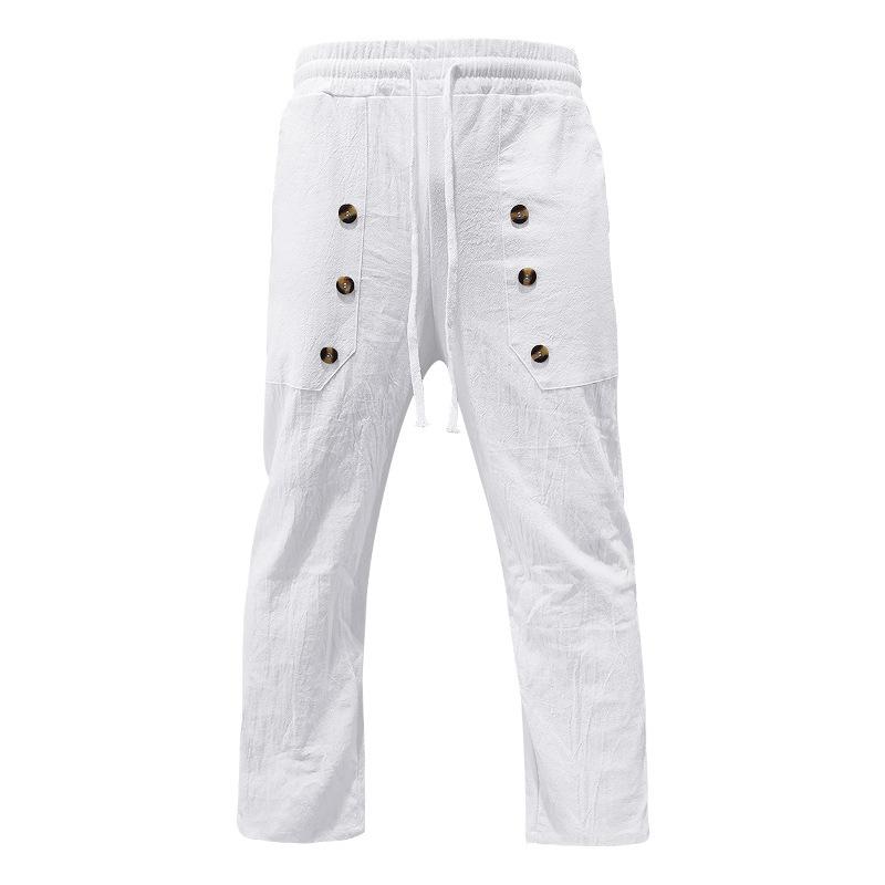Fashion Men's Casual Trousers Beach Men's Casual Multi-button Cotton Linen Loose Trousers Men