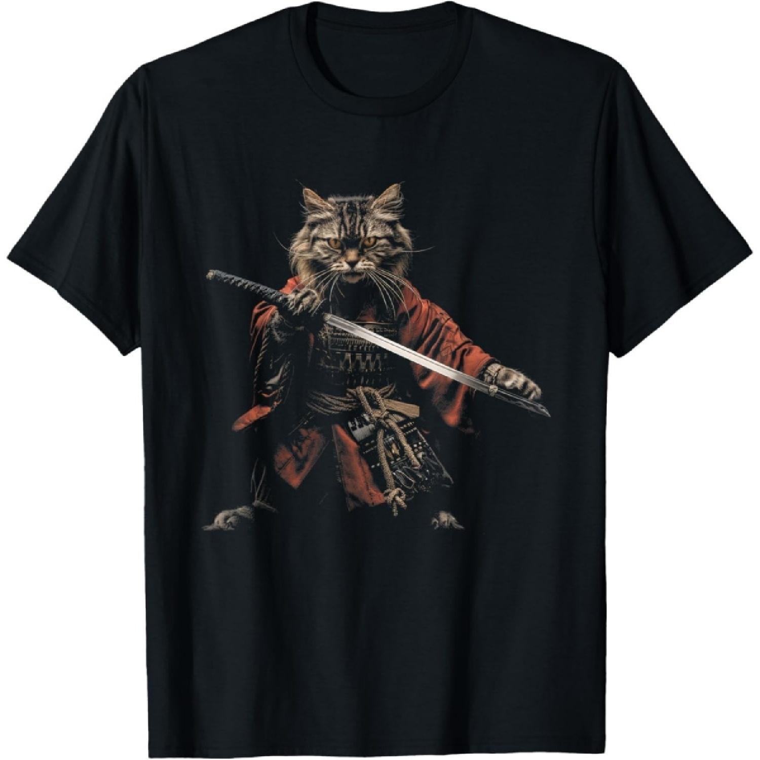 DAQIFCBO Кот Самурай, Кот Воин Самурай с Катана, Футболка Кот Буси S