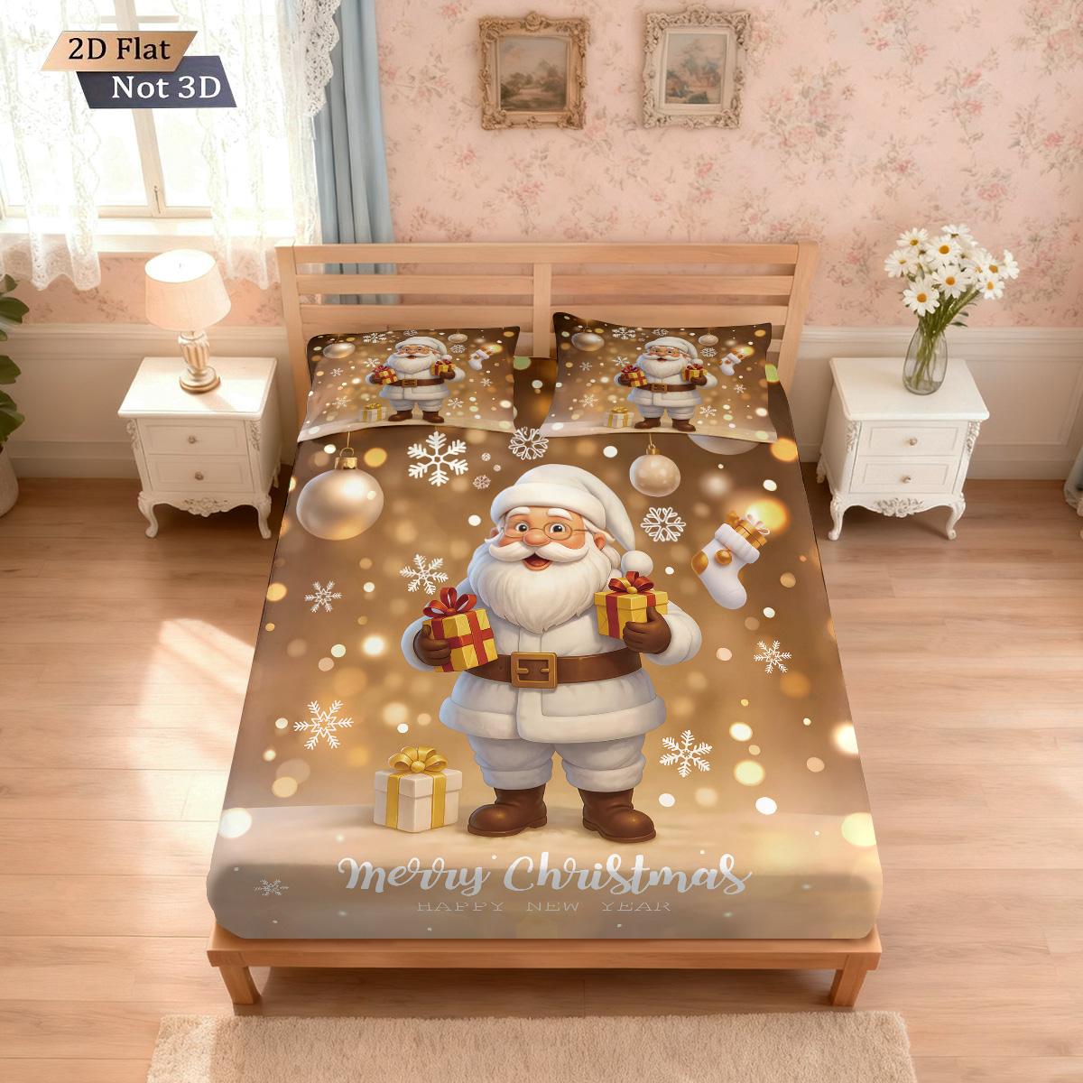 

3pcs Merry Christmas Golden Santa Claus Print Bed Sheet Set Multi Size Soft Bedcover Bedroom Bedding Decoration Machine Washable EU Single(135*200cm)3pcs
