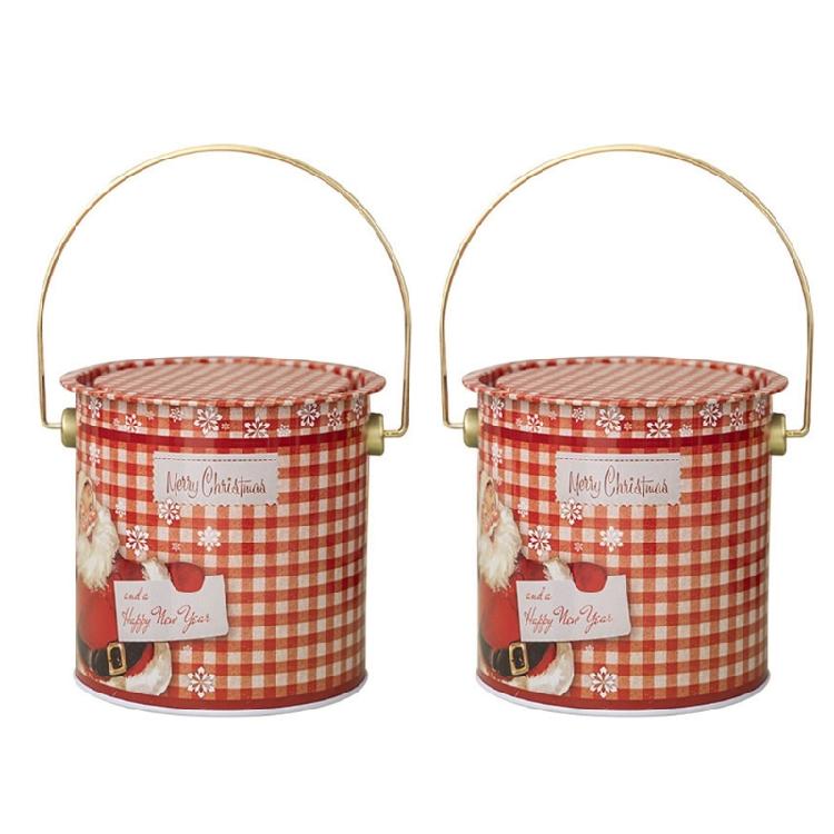 2pcs Decorative Christmas Candy Boxes Handheld Round Bucket Portable Sweets Tins with Handle for Family Gathering