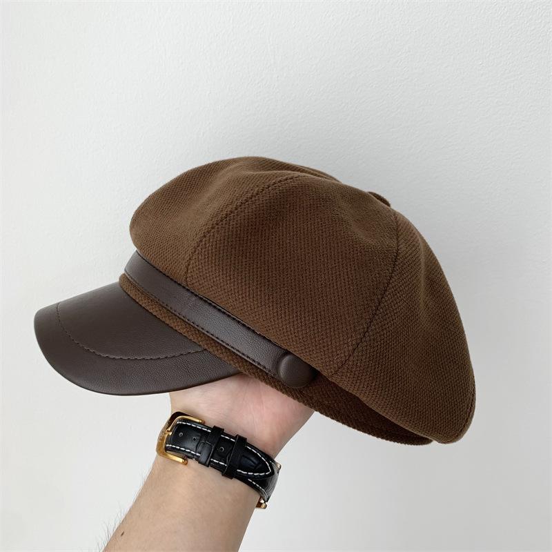 Autumn and Winter Show Face Small PU Leather Brim Octagonal Hat Women's Metal Solid Color Casual Temperament Fashionable Retro Painter Hat