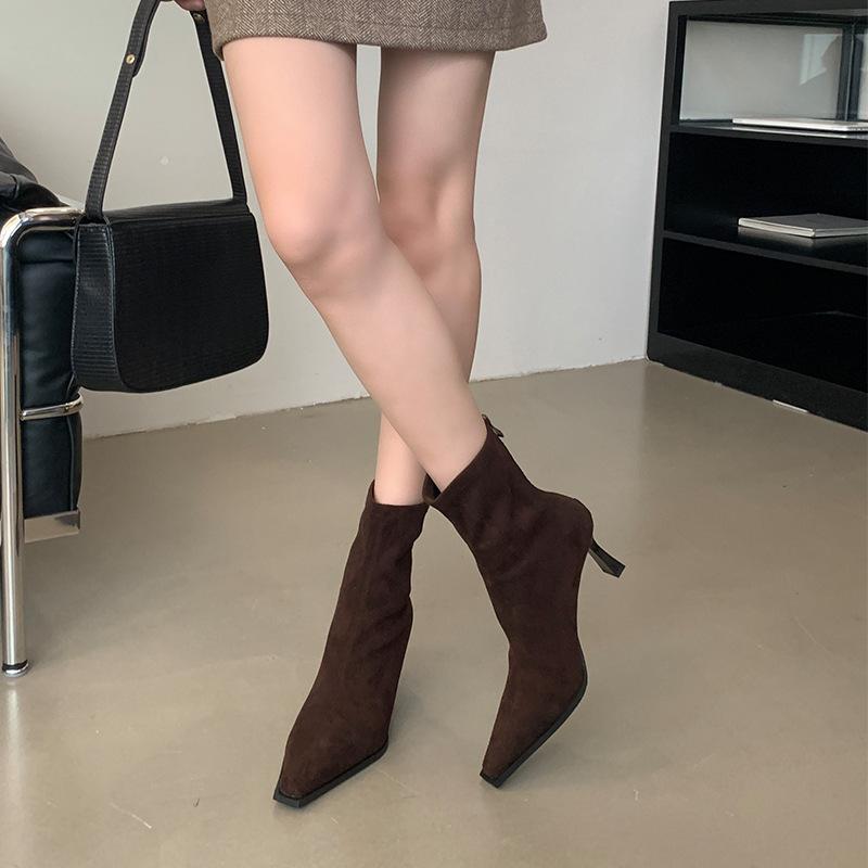 2025 Autumn and Winter New Pointed Thin Heel Sexy Short Boots Women's Black Suede High Heel Rear Zipper Elastic Thin Boots Women